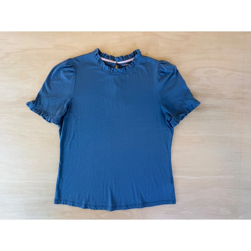 Boden Blue Ruffle Neck Puff Sleeve Keyhole Back Top Womens Size 12 US - M